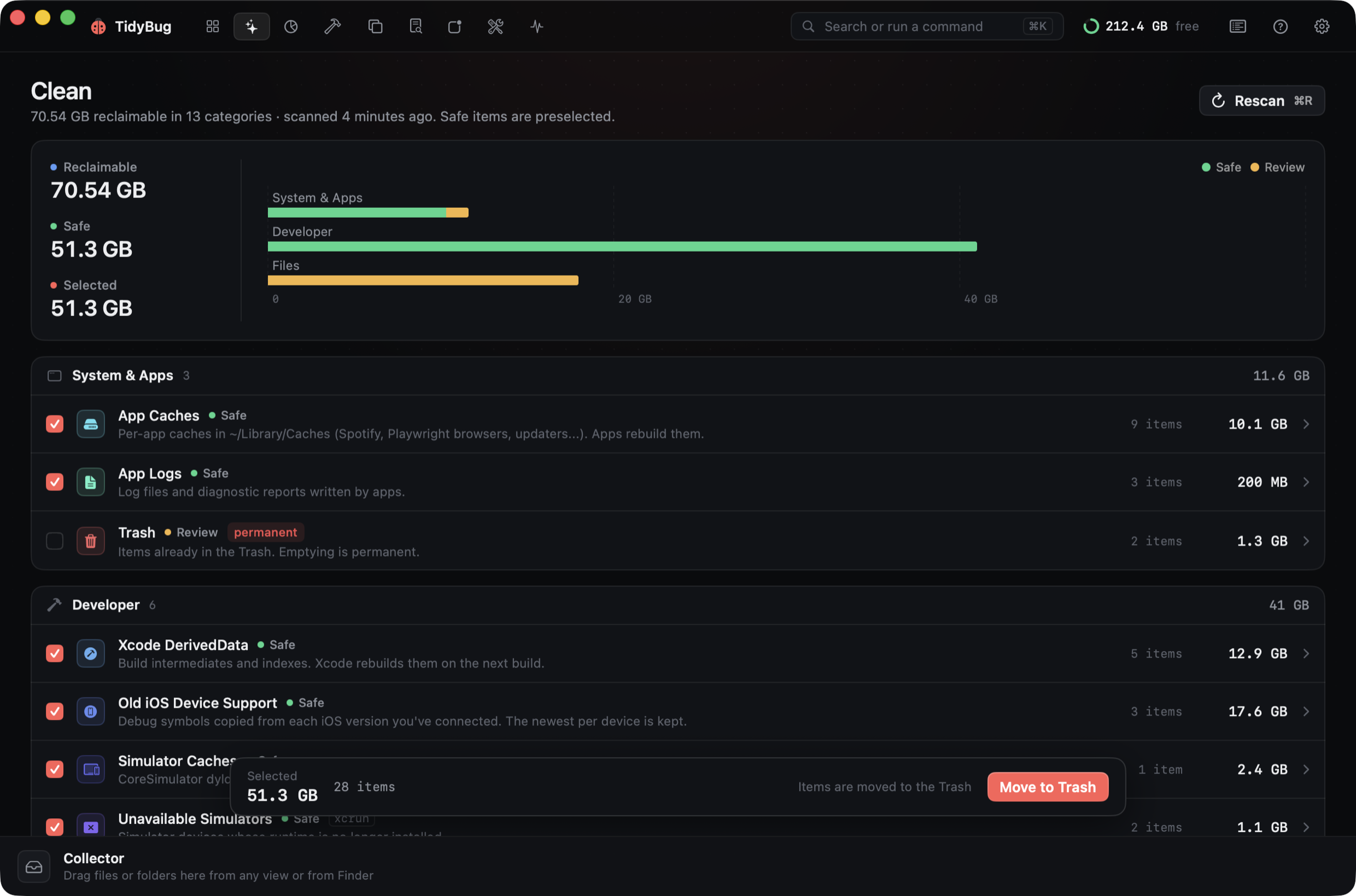 TidyBug Clean tab listing reclaimable categories
